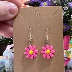 New handmade Pink Daisy Drop Earrings with Yellow Centers